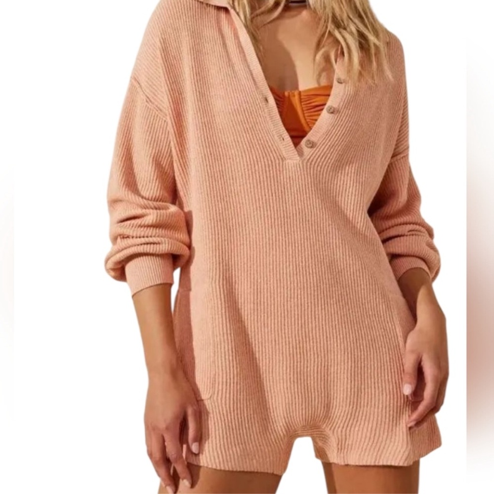 Free People Peach Ribbed Long Sleeve Romper